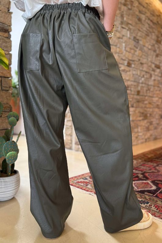 Made in Italy Runa Leather Look Tapered Barrel Pant Khaki
